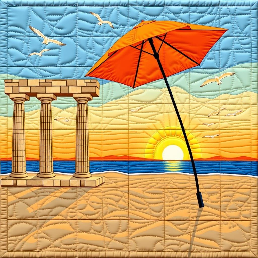 Quilted Orange Beach Scene with Greek Pillars