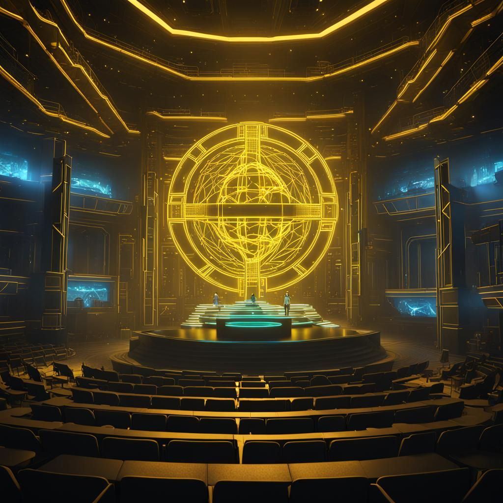 Sezar Net Logo as 3D Hologram in Sci-Fi Auditorium