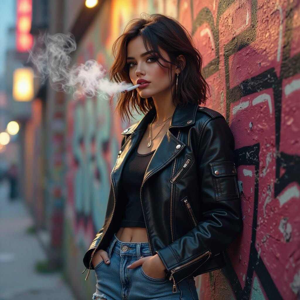 Tomboy Smoking Against Graffiti Wall, Hyperrealistic Style