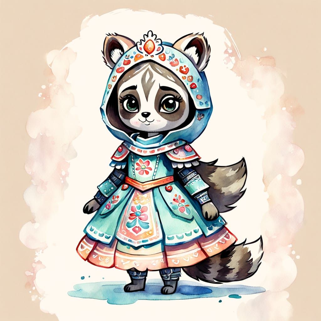 Princess Raccoon in Armor: Watercolor Cartoon Sketch