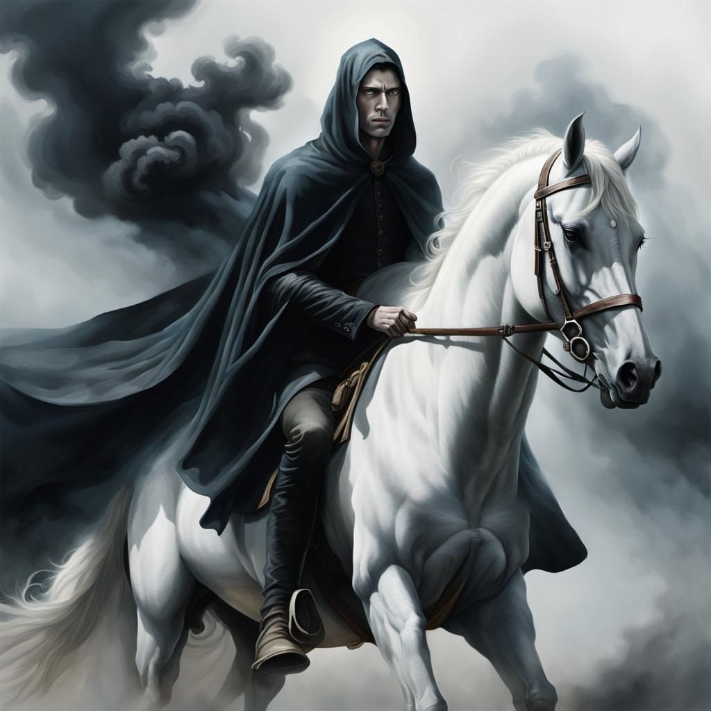 Pale Horse Rider Emerges from Dense Fog