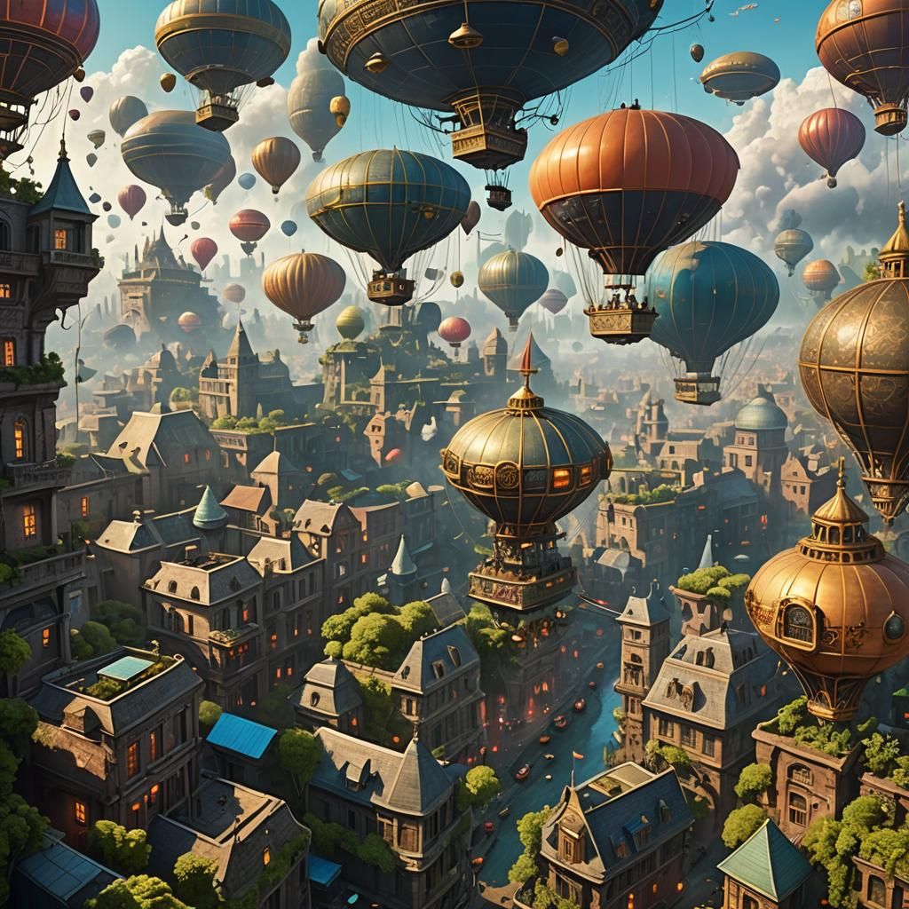 Dystopian Cityscape with Airships in Cinematic Style