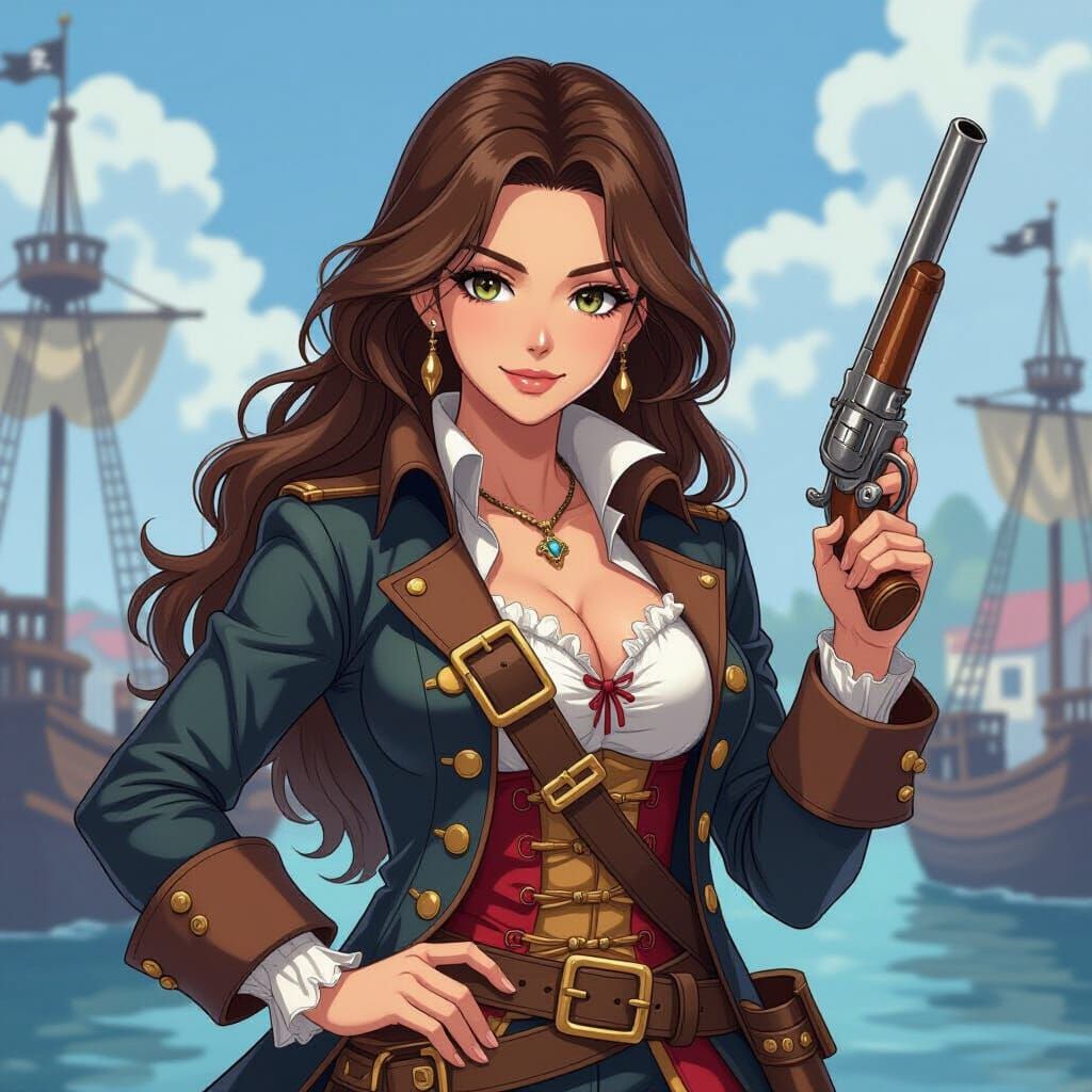 Pirate Woman with Flintlock Pistol in Anime Style