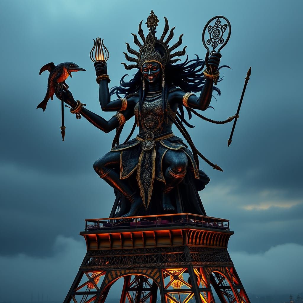 Mort Goddess Kali Over Paris in Photorealistic Style