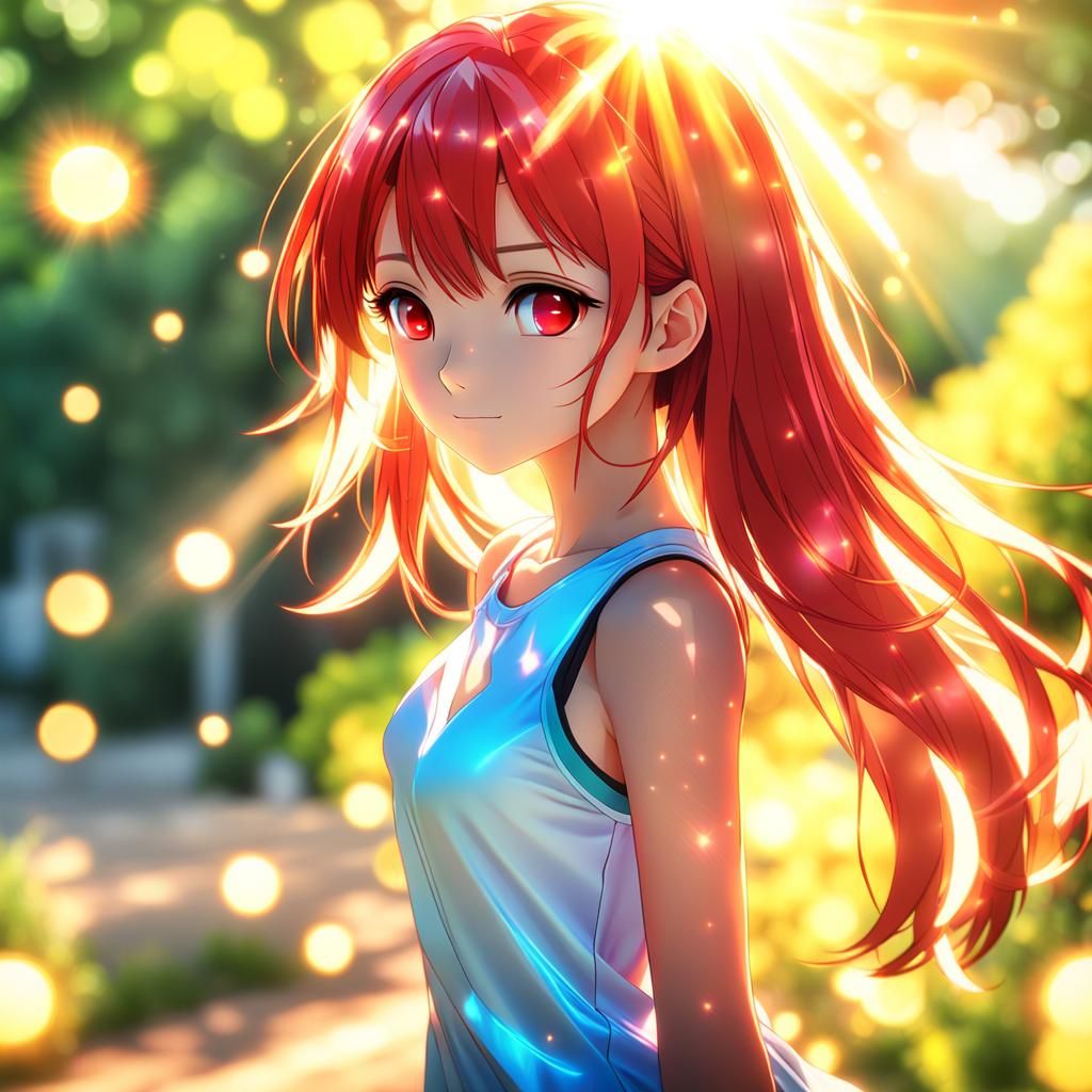 Anime Girl in Red Dress with Bokeh and Lens Flare