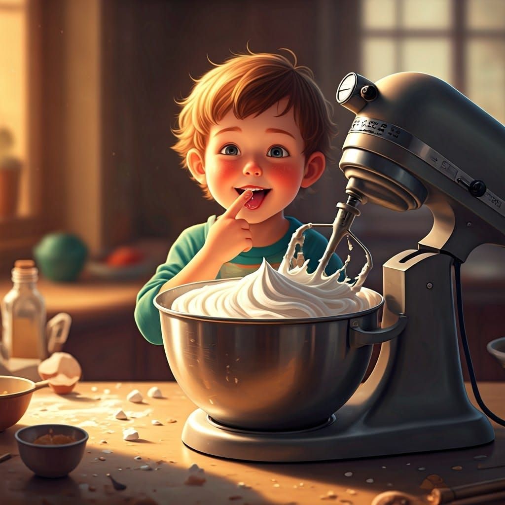 Mischievous 3-Year-Old Boy with Whipped Cream, 3D Anime Art