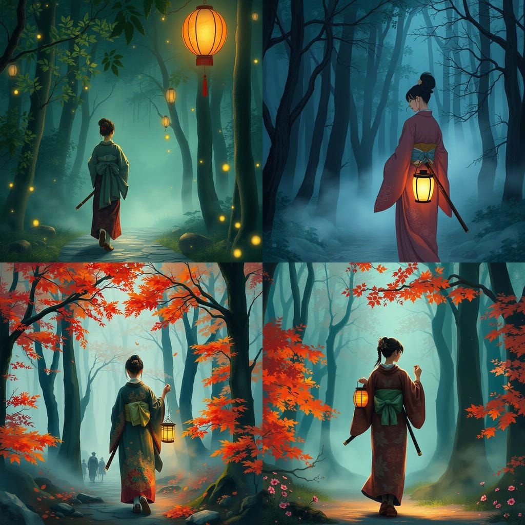 Samurai Wife in Misty Forest, Miyazaki Style