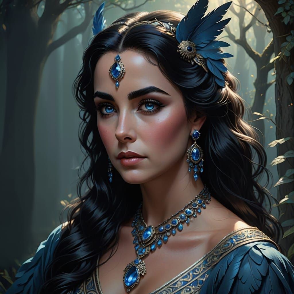 Regal Woman with Long Black Hair and Owl Pendant