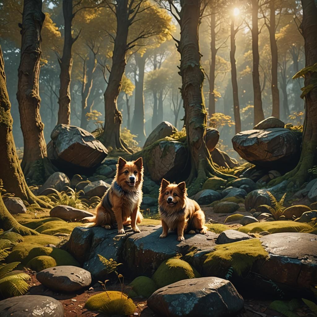 Dog Pooping in Ancient Forest: Fantasy Digital Painting