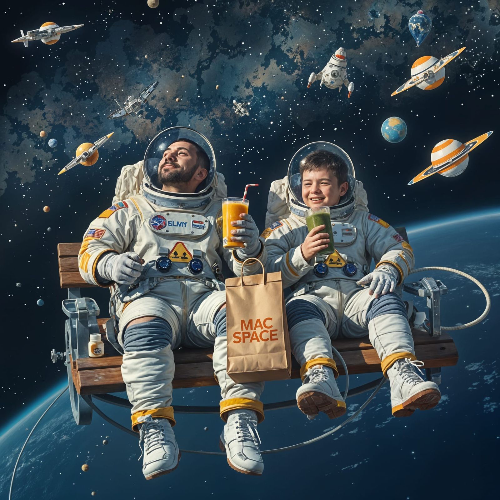 Astronaut Father and Son Enjoy a Smoothy in Space