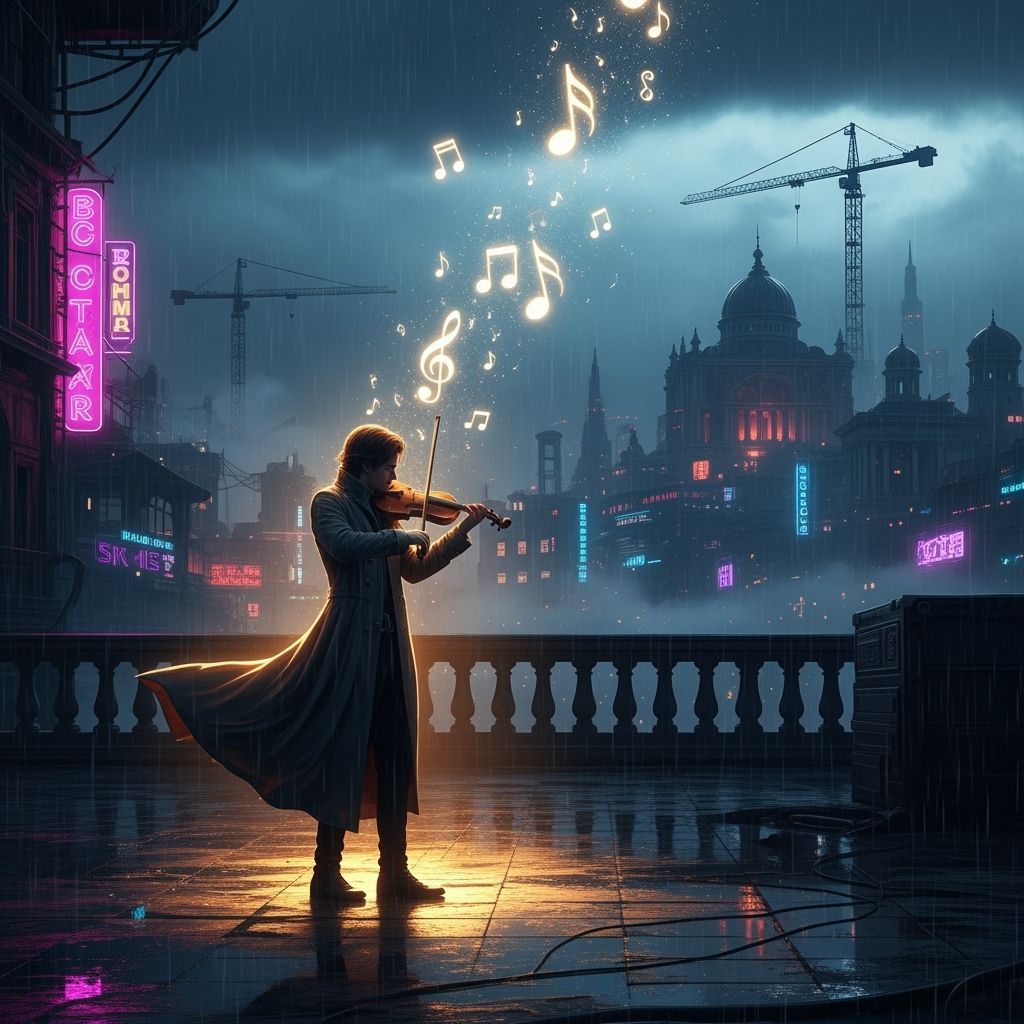 Violinist on Rooftop at Twilight in Cyber-Renaissance City