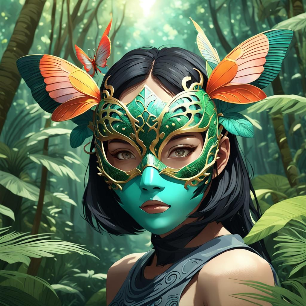 Butterfly Mask in Tropical Forest, Anime Art