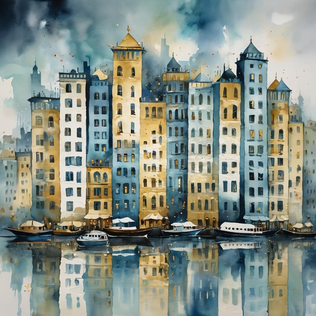 Abstract Watercolor Cityscape with Golden Palette