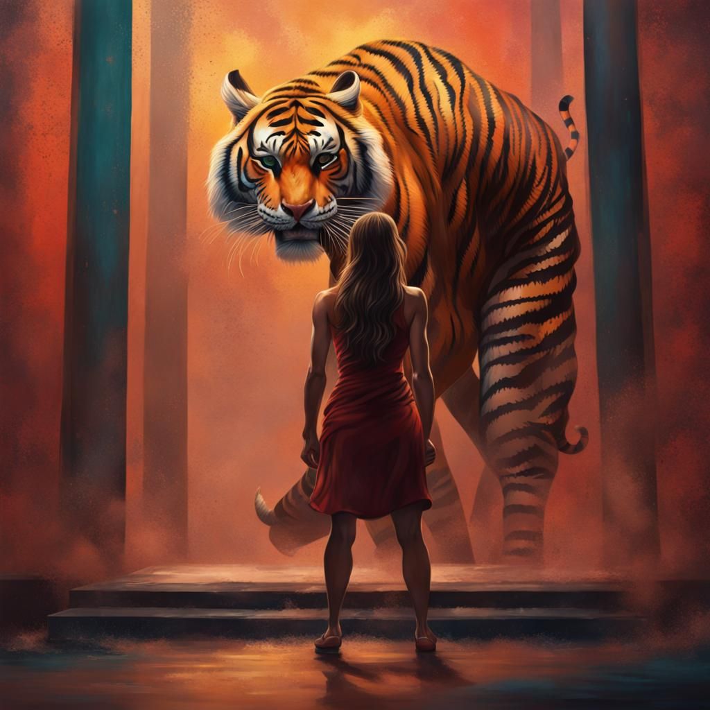 Hyperrealistic Tiger Approaching Woman in Splash Art Style