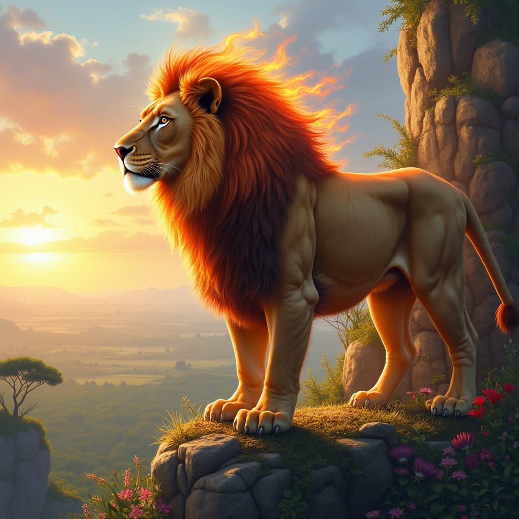 Fiery Lion Overlooking Savannah in Digital Painting Style