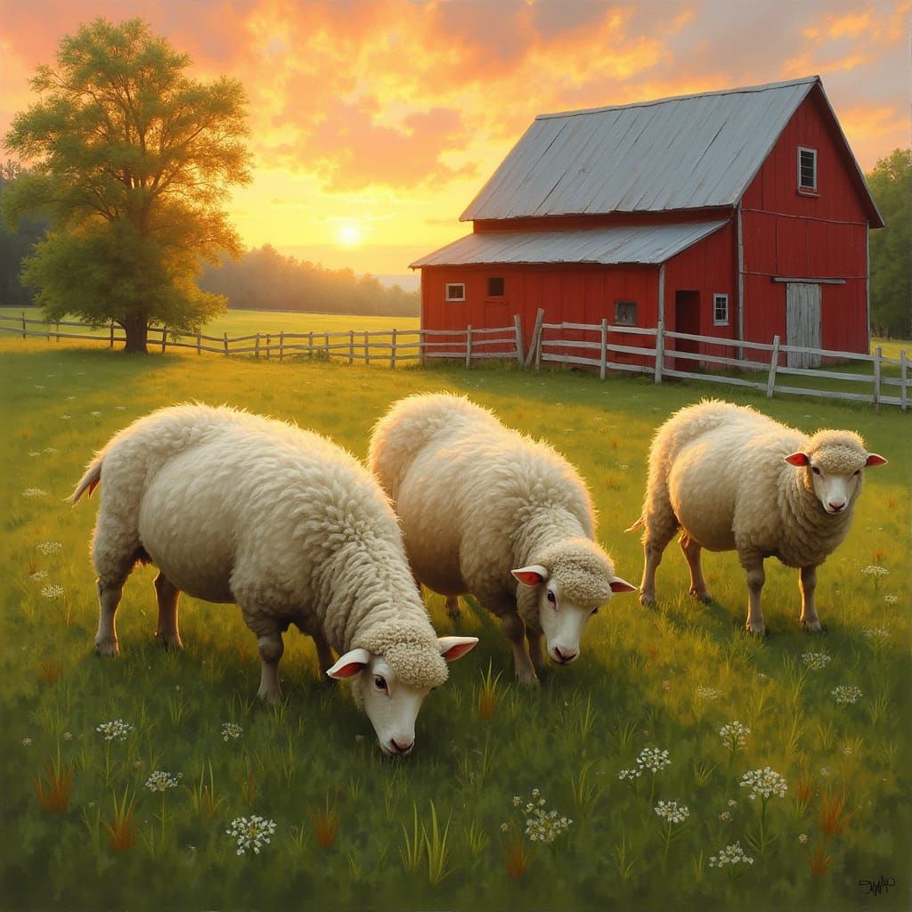 Sheep Graze at Sunset: Pastoral Painting