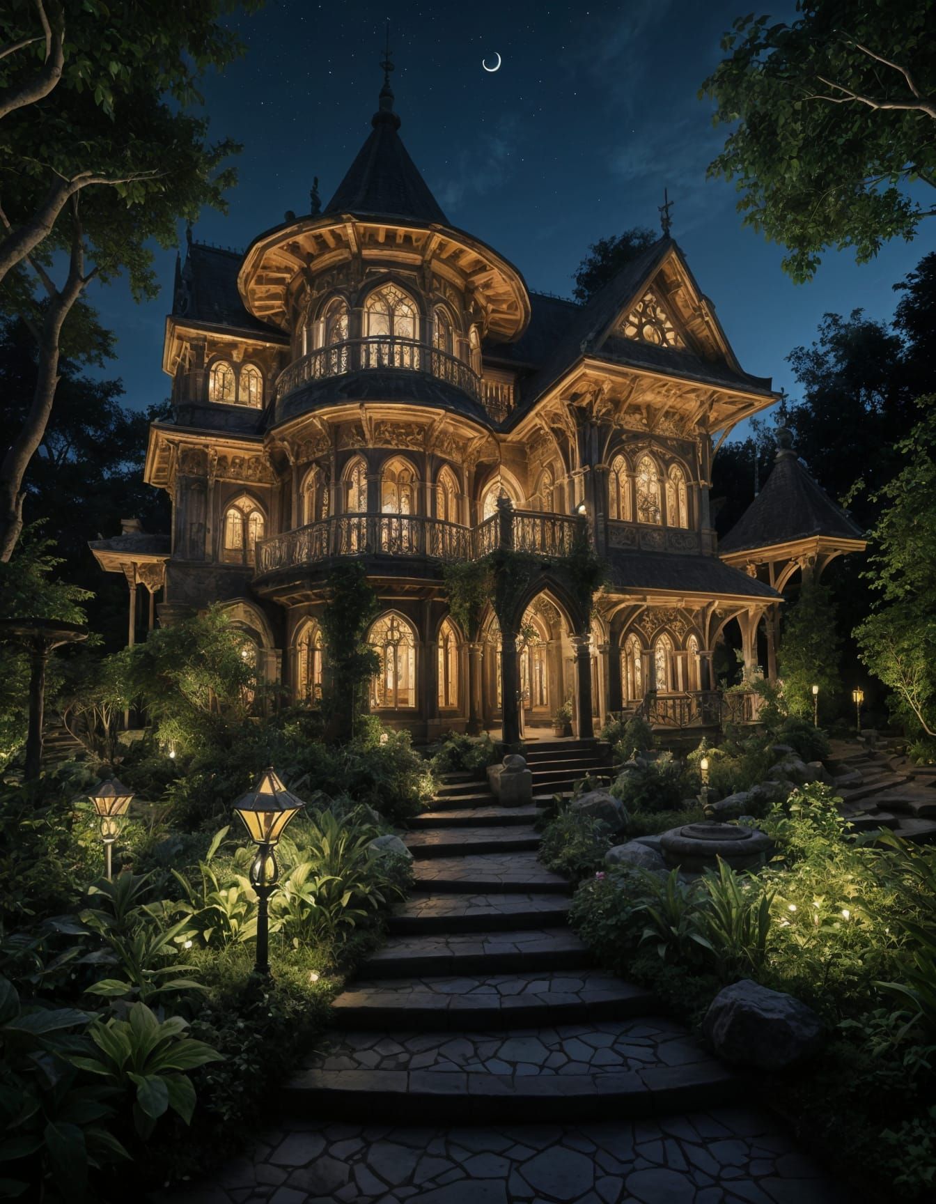 Ethereal Gothic Garden Under Starlight