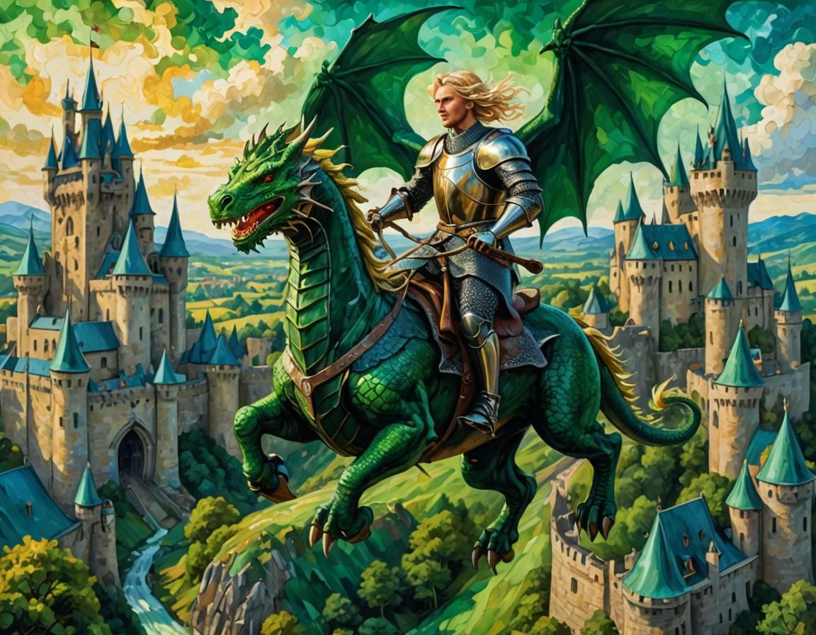 Knight on Dragon: Neo-Impressionist Medieval Fantasy