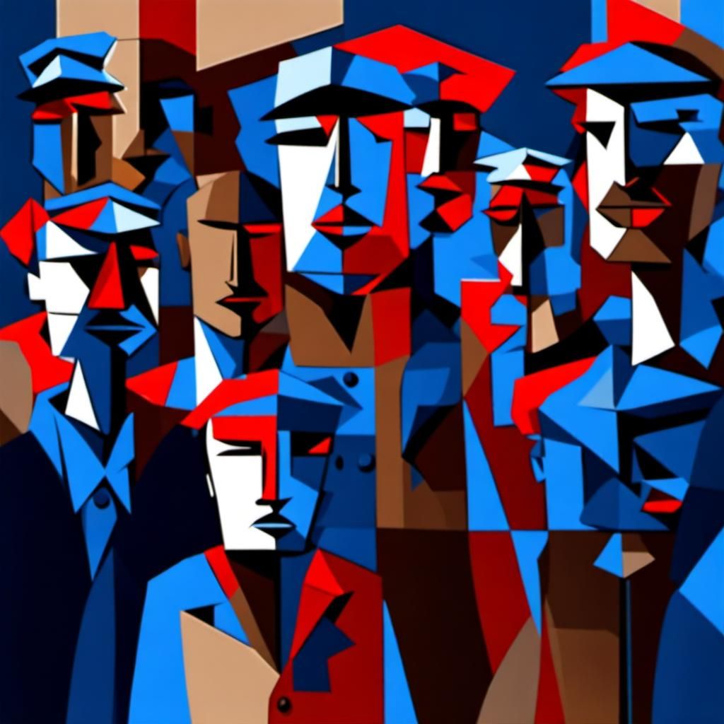 Cubist Police State: Blue, Brown, and Red
