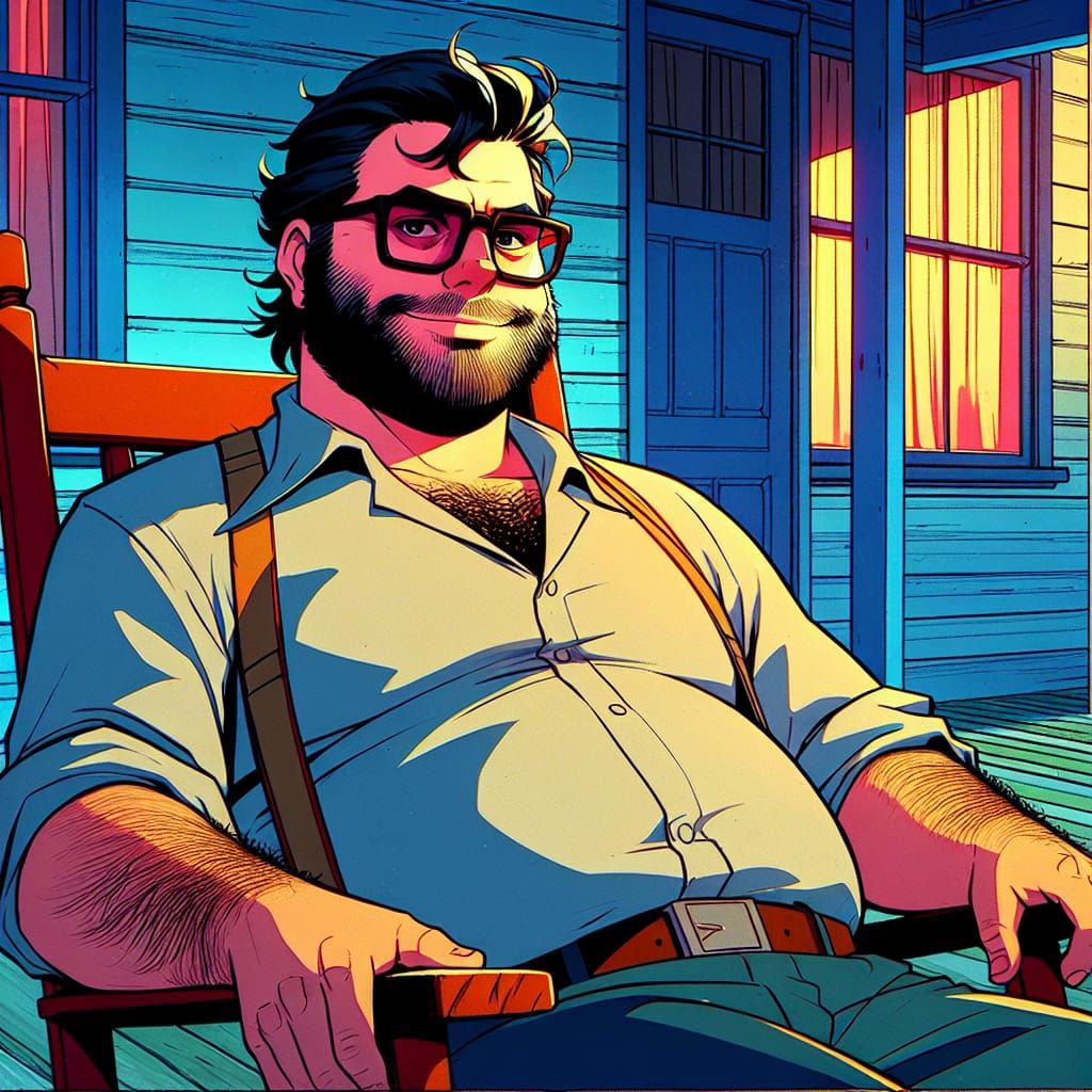 Man on Cabin Porch in Graphic Novel Style