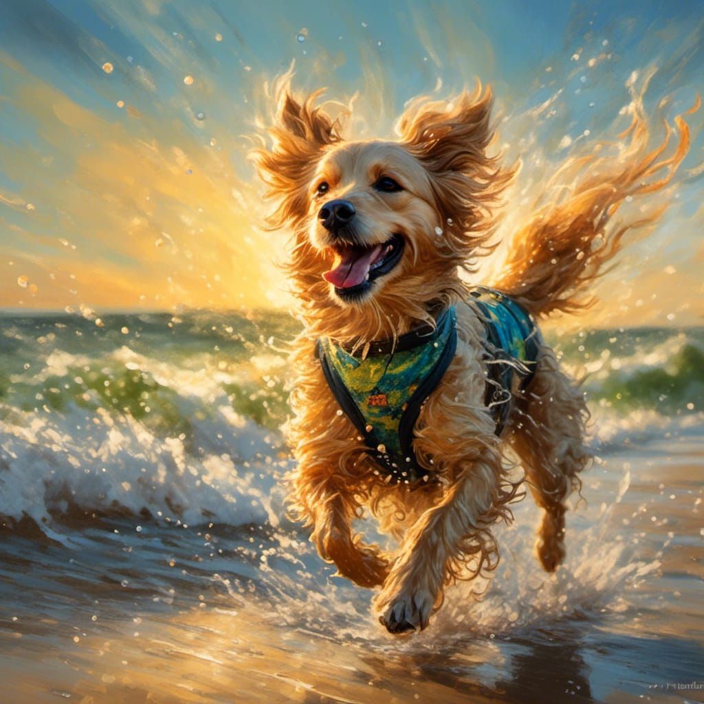 Golden Dog Running on Beach in Impressionism Style
