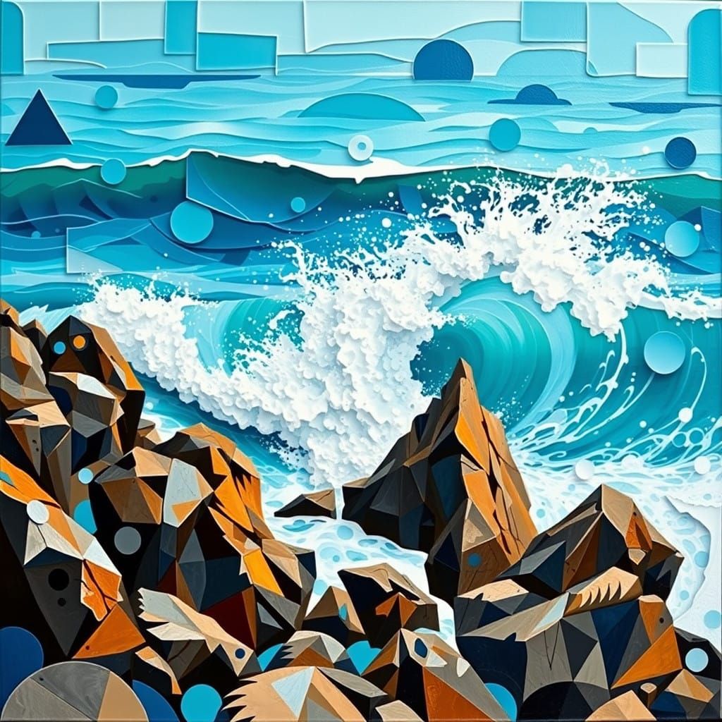 Turquoise Ocean Waves in Cubist Style with Surrealist Flair