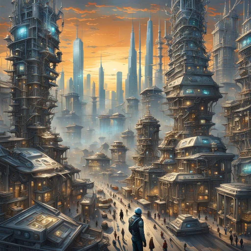 Futuristic Cityscape with Colossal Skeleton in Digital Art