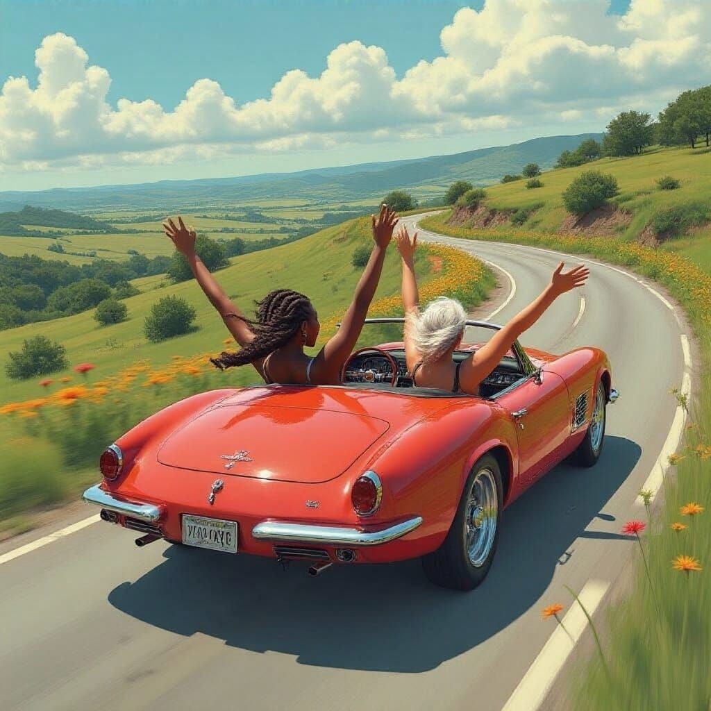 Women Speeding in Convertible Through Flowery Landscape
