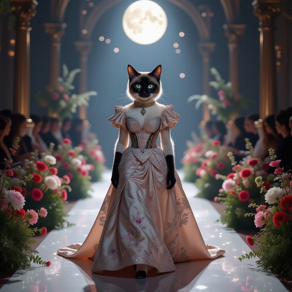 Regal Siamese Cat in Haute Couture on Moonlight Runway