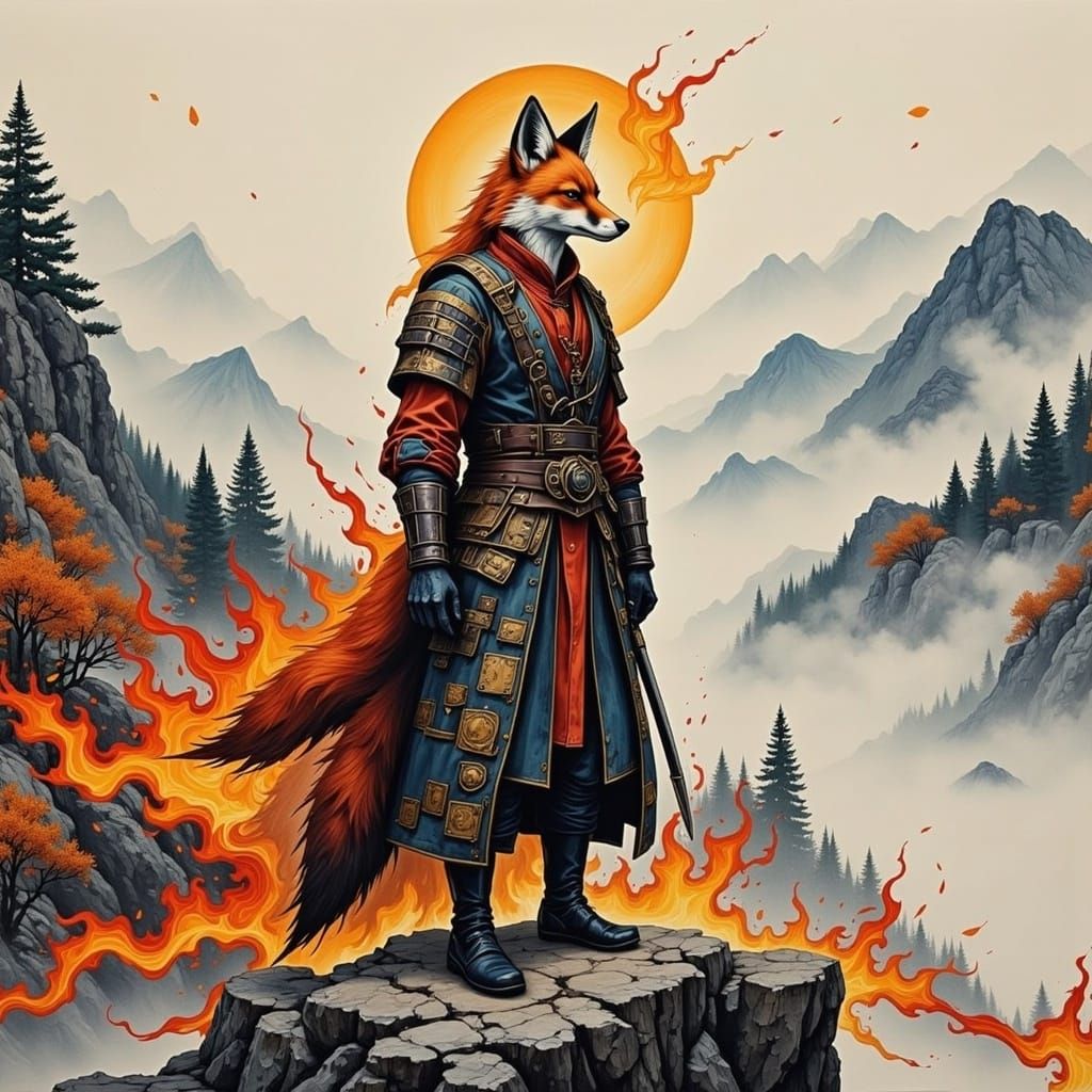 Fox Warrior in Samurai Armor on Misty Peak