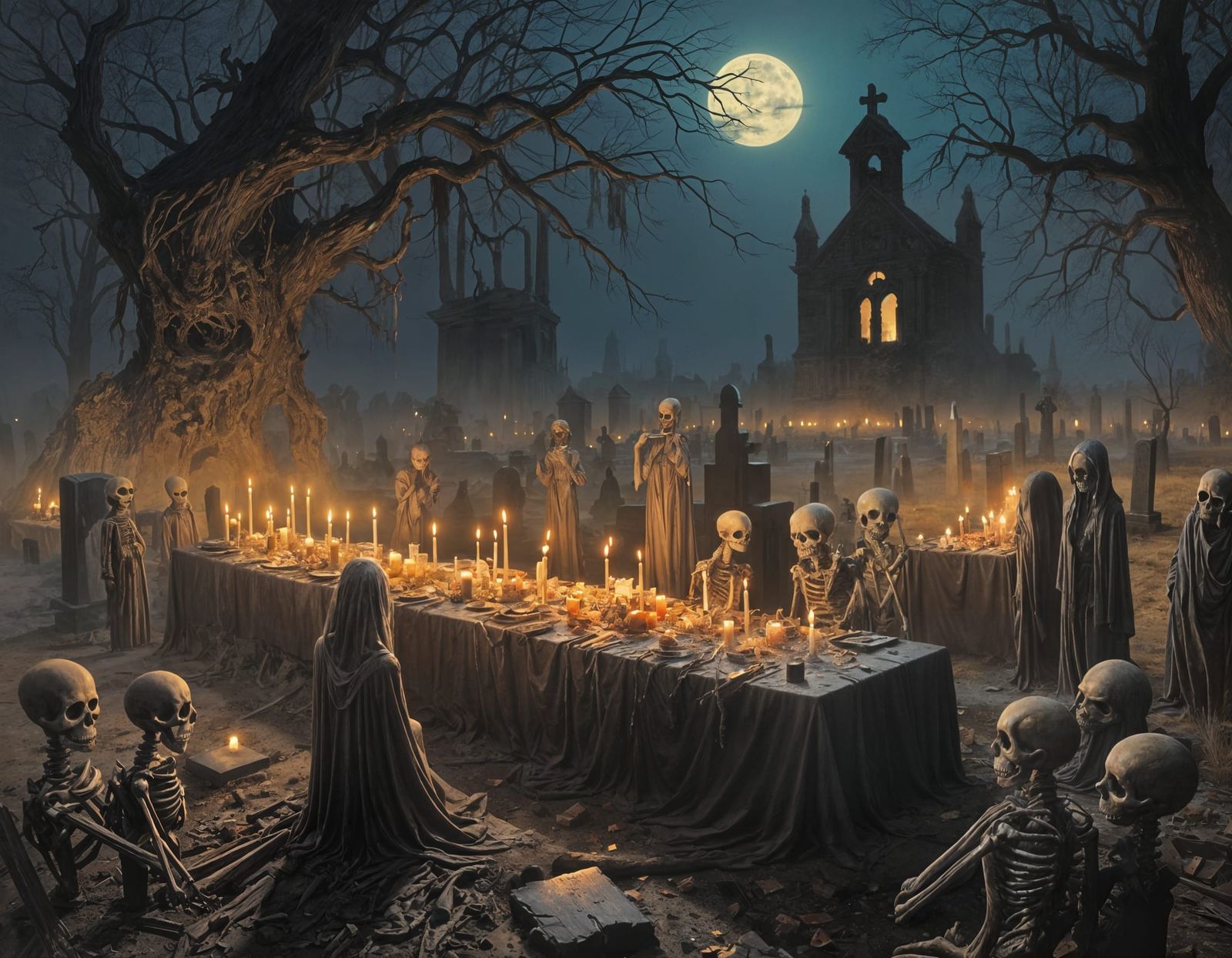 Eerie Graveyard Banquet Awaits in Dark Fantasy Style
