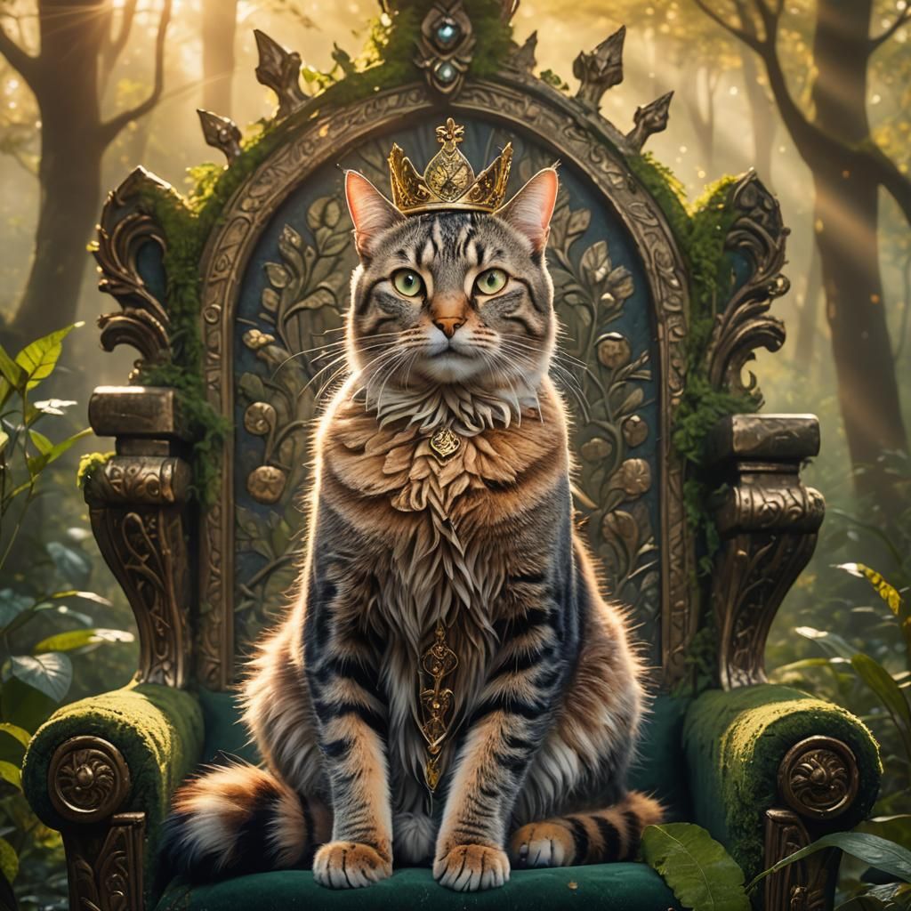 Regal Tabby Cat on Throne in Mystical Forest