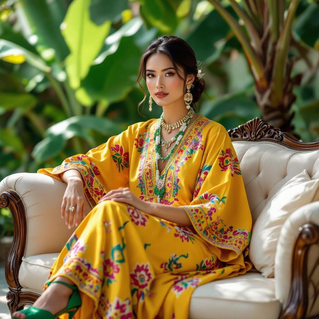 Asian Model in Yellow Kaftan with Ikat Motifs