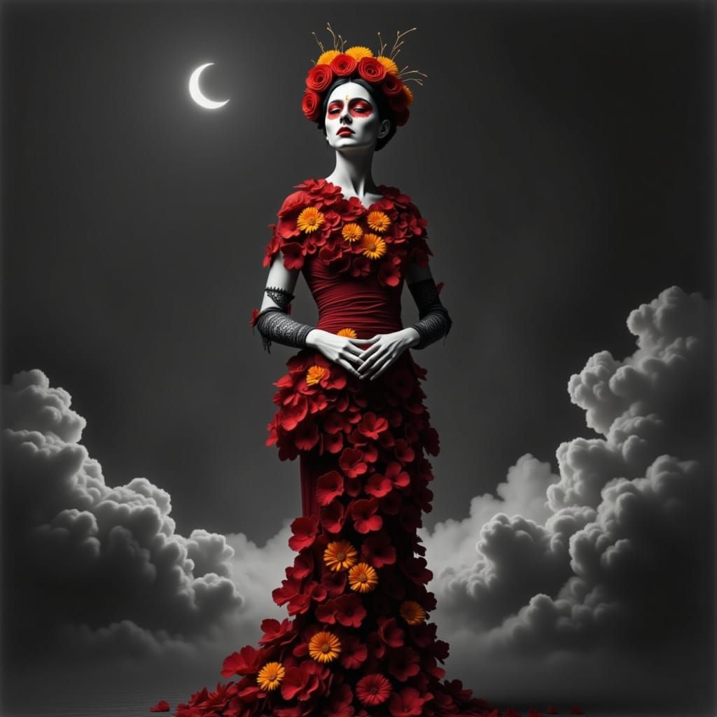 Día de los Muertos Woman with Floral Hair in Graphite Style