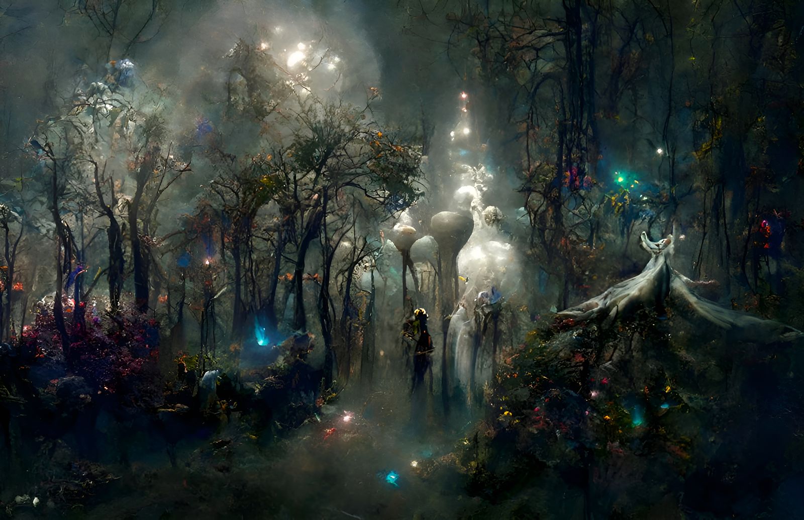 Ethereal Ghostly Figures in a Magical Forest