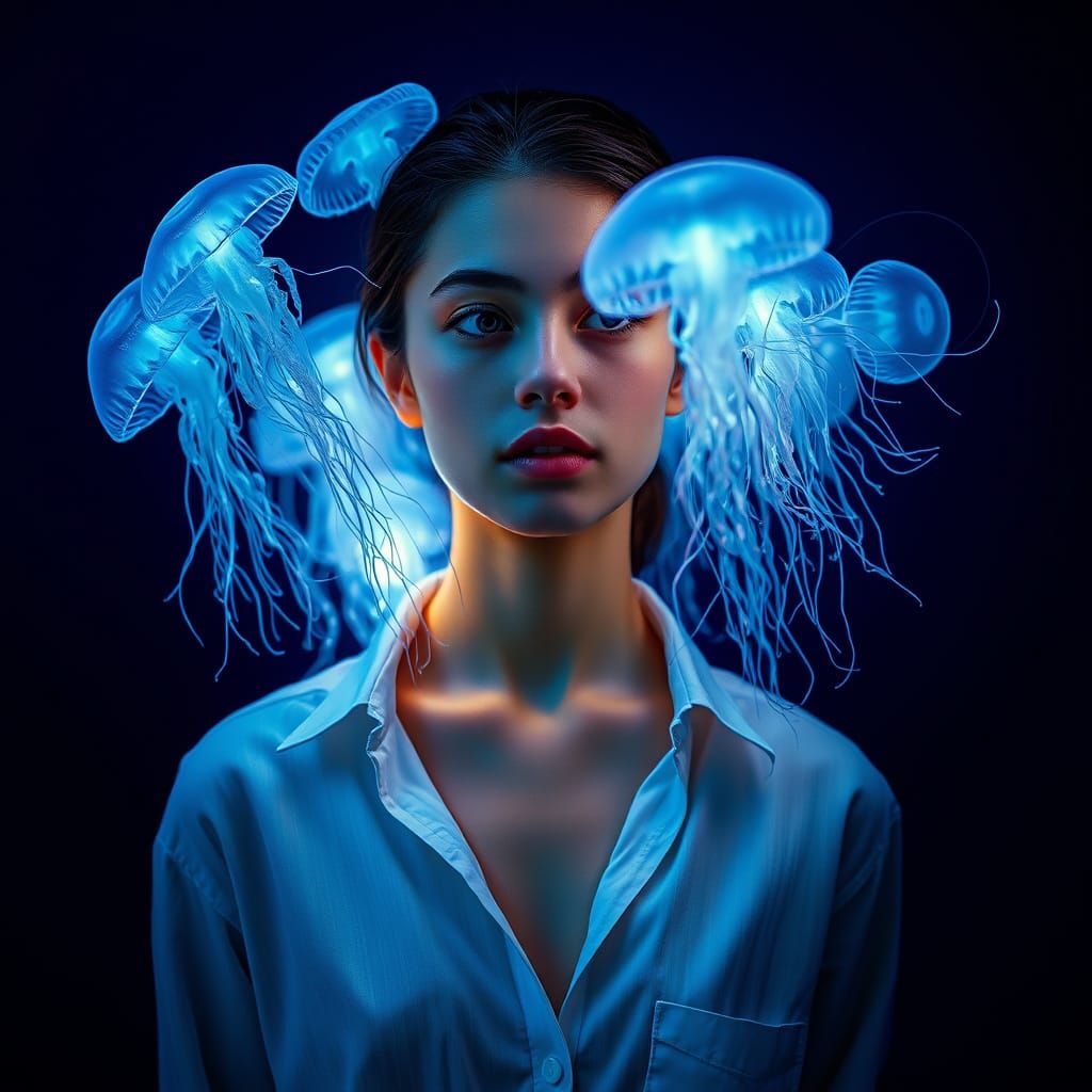 Jellyfish Hair Portrait in Surreal Hyperrealism