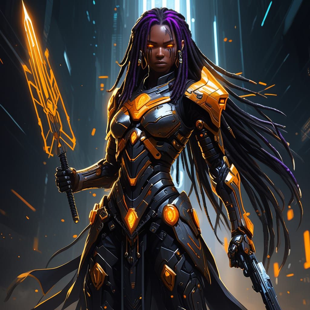 Cyberpunk Angelic Warrior in Battle Stance