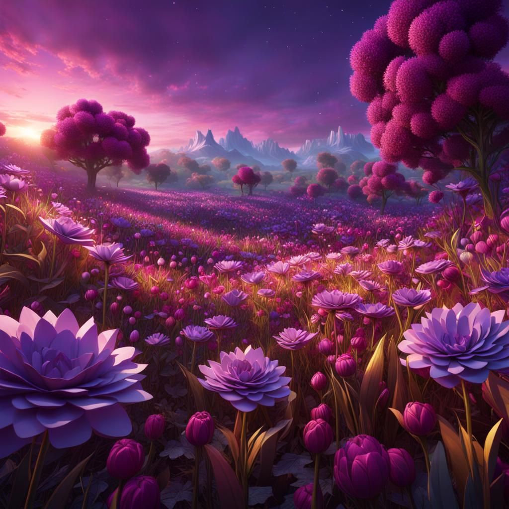 Fantastical Paper Flower Field in Purple Sky