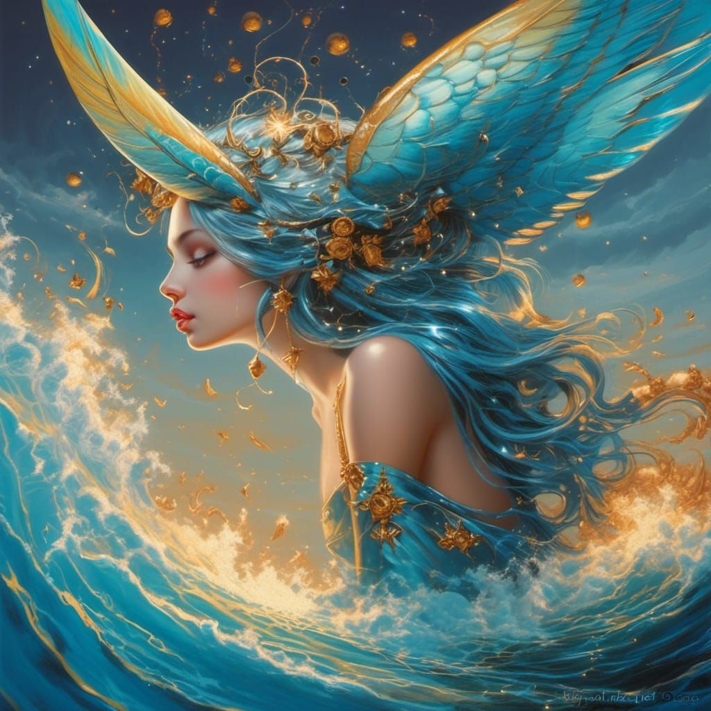 Fairy with Blue Wings over Ocean, Hyperrealistic