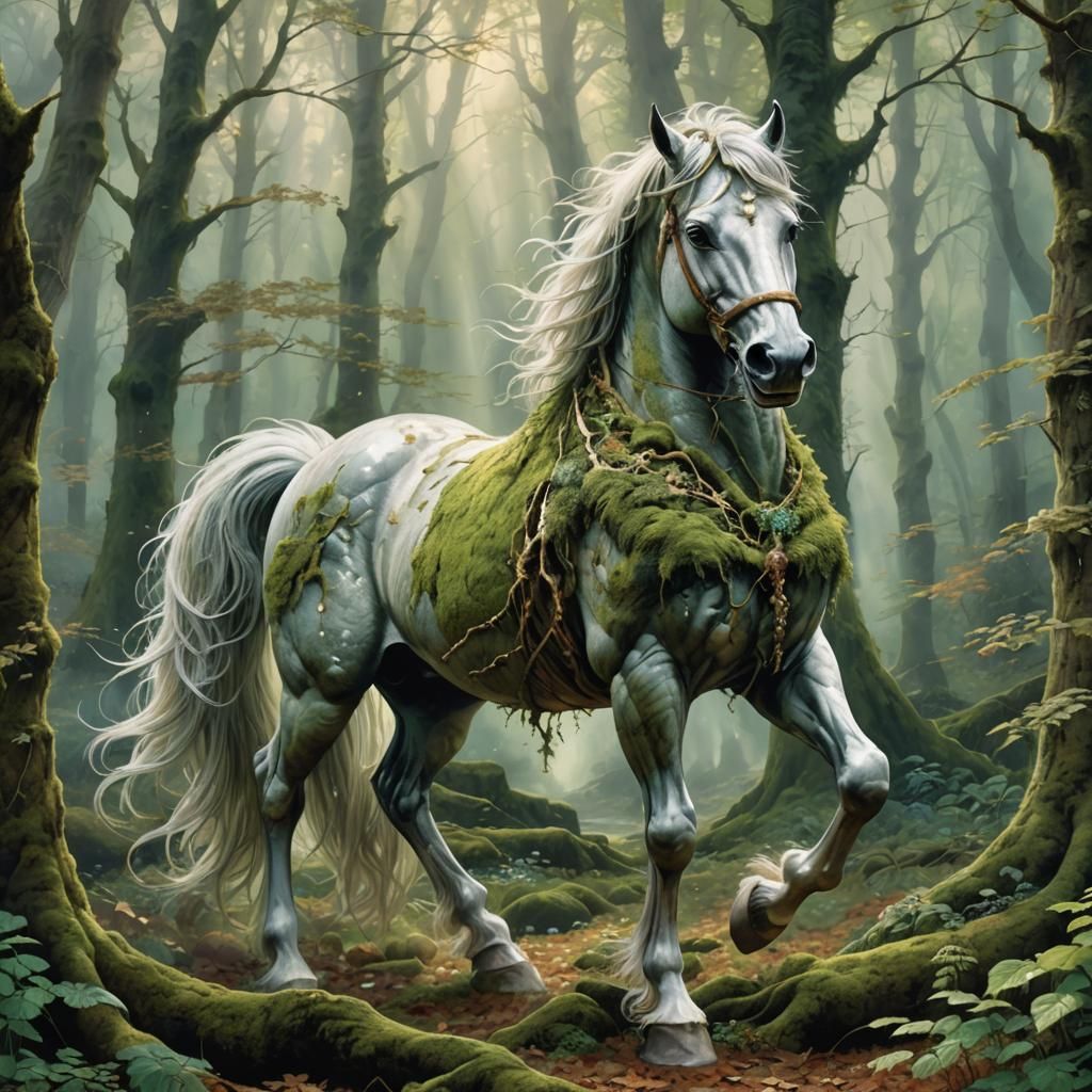 Majestic Mythical Forest Horse with Emerald Eyes