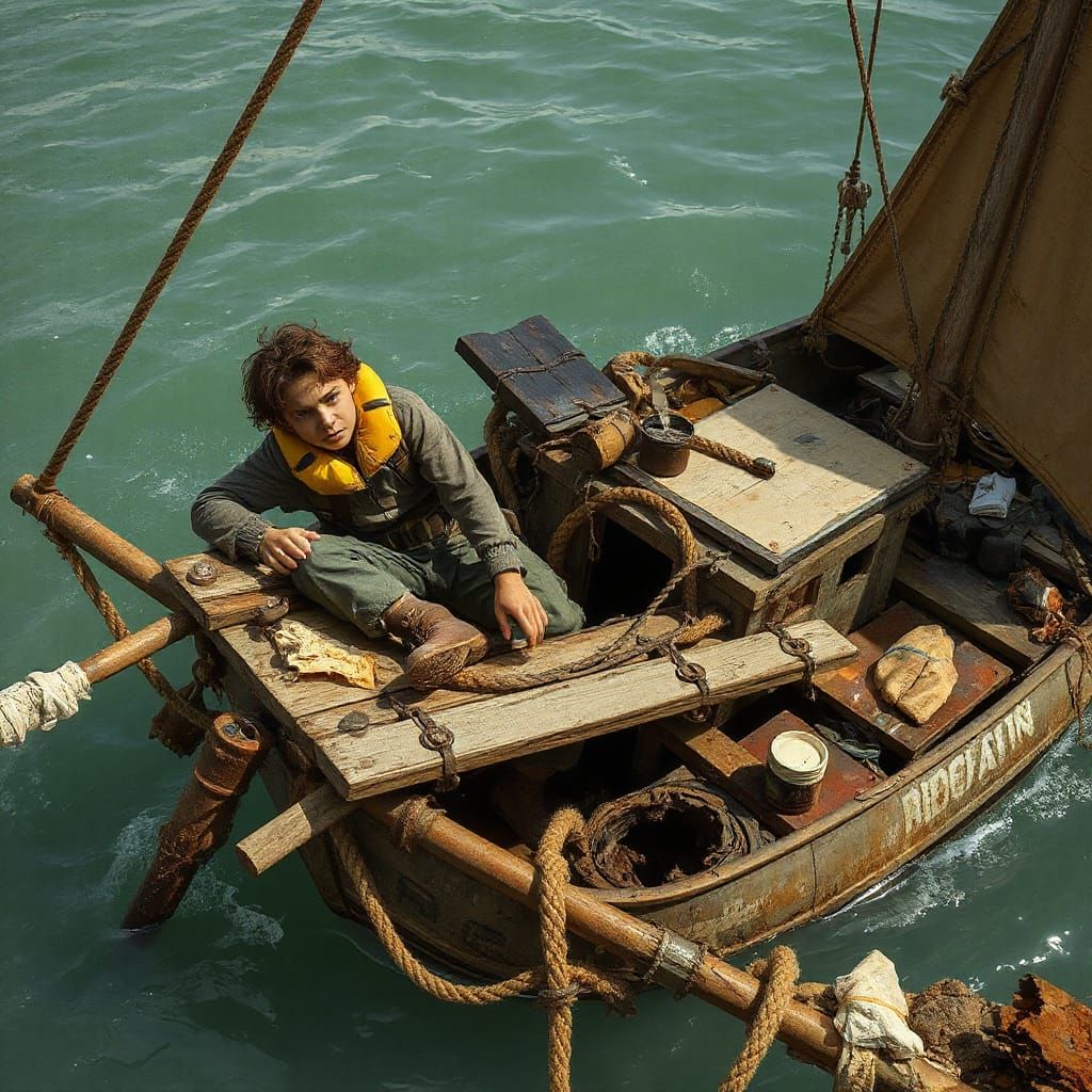 Young Adventurer Clings to a Weathered Derelict Raft