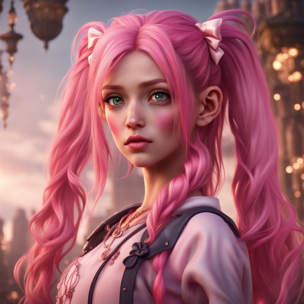 Girly Boy with Pink Hair and Bows: Detailed Matte Painting
