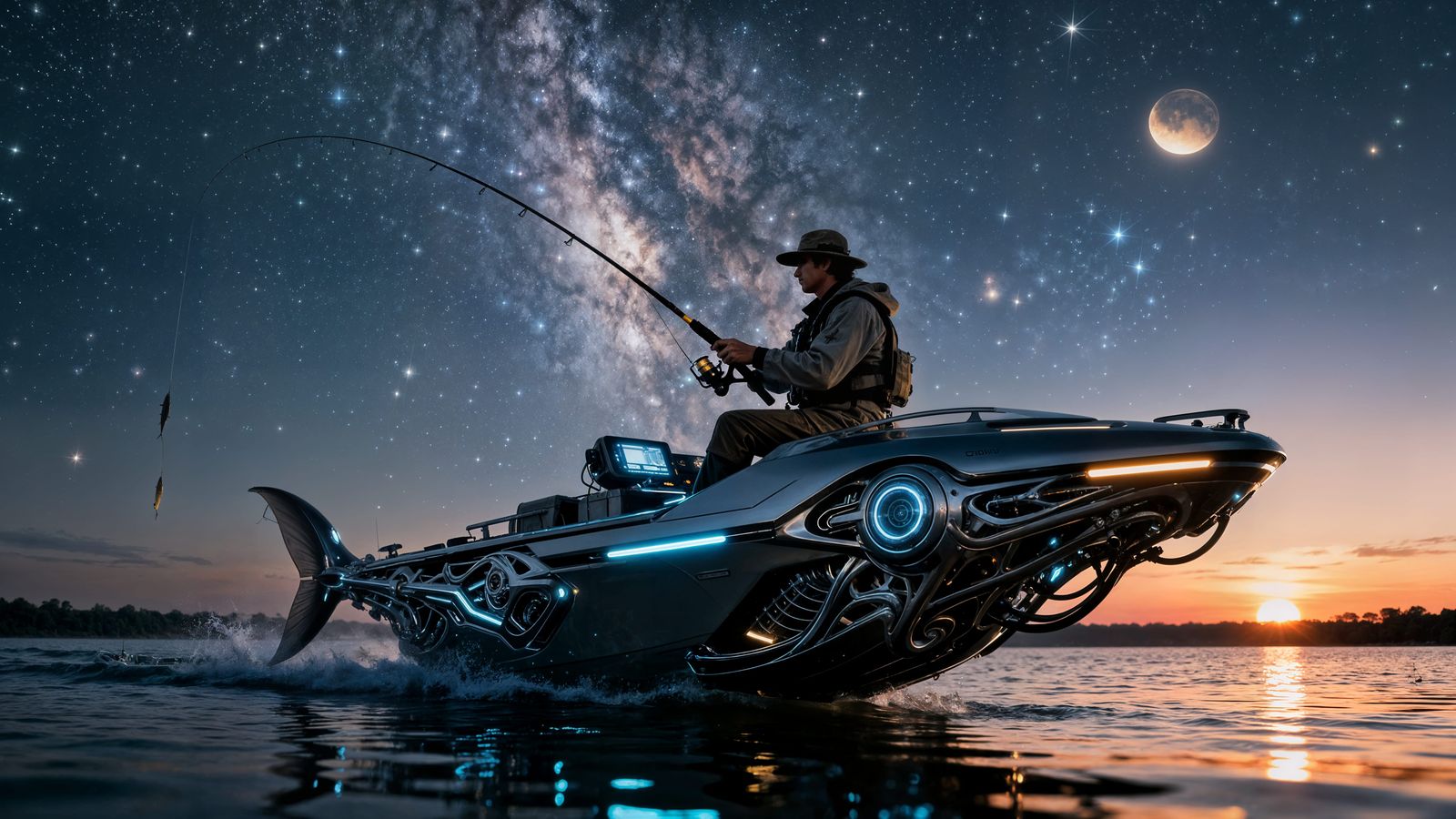 Futuristic Fisherman in Bionic Boat Amidst Milky Way Stars