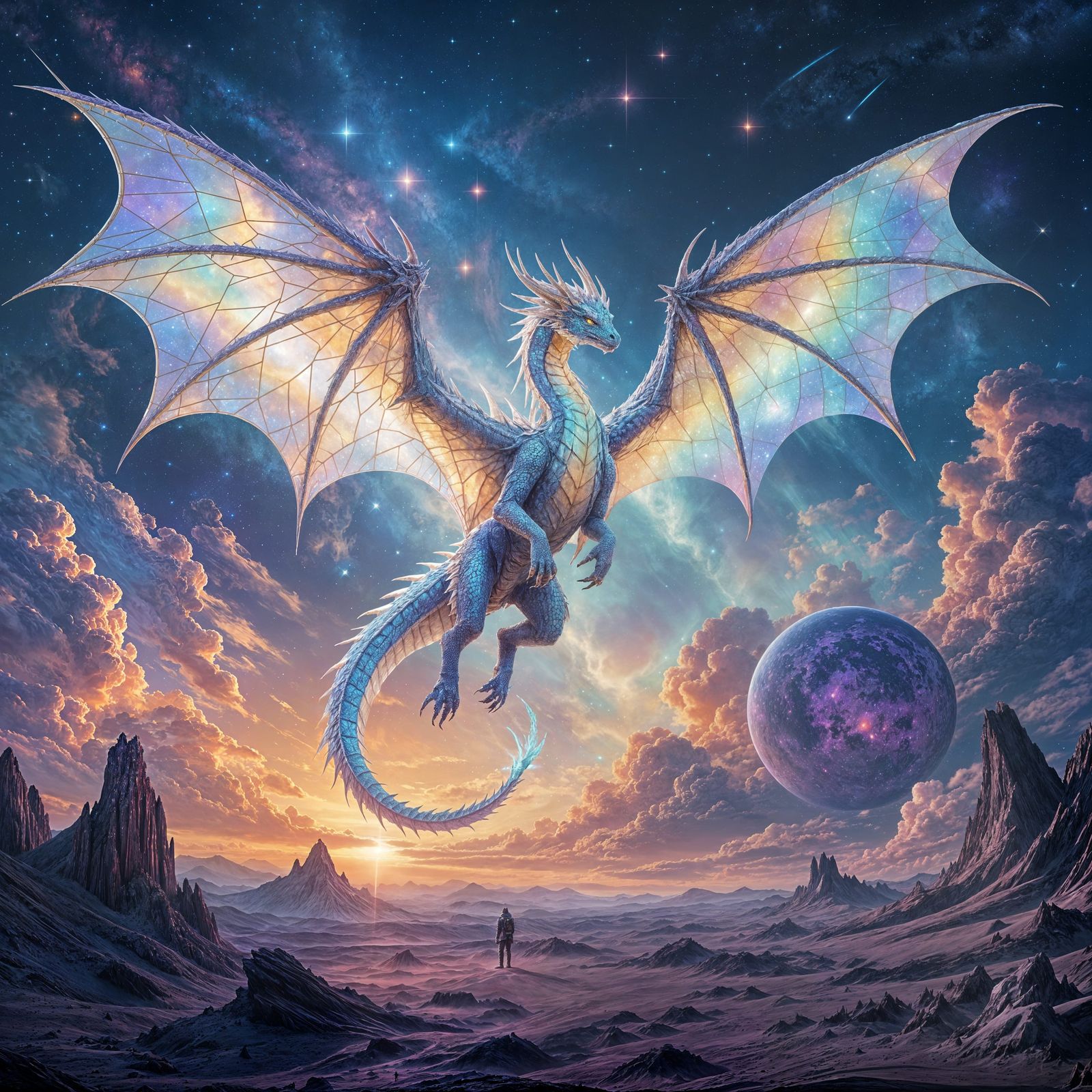 Crystalline Dragon Soaring Through Nebula Sky
