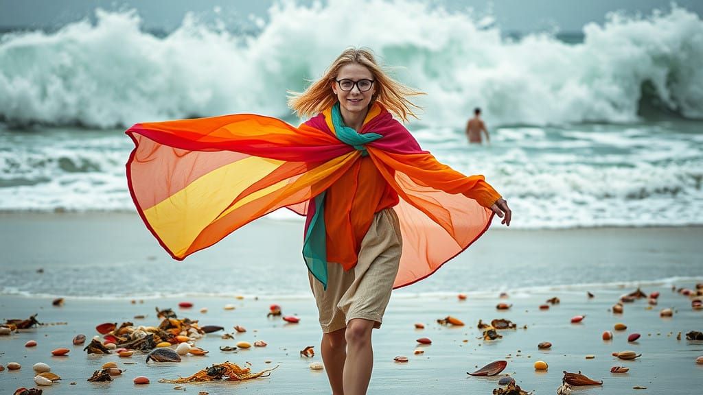 Young Woman Embarks on a Whimsical Ocean Odyssey in Vibrant....