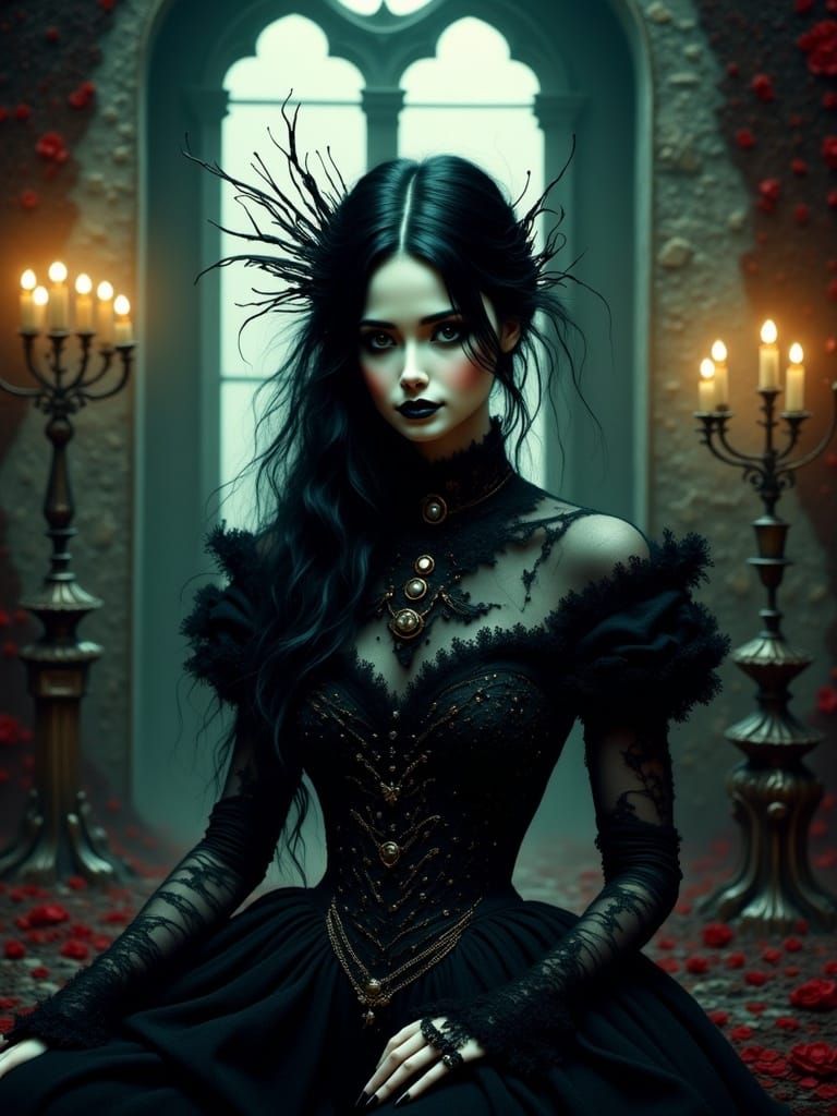 Gothic Vampire in Dark, Velvety Boudoir