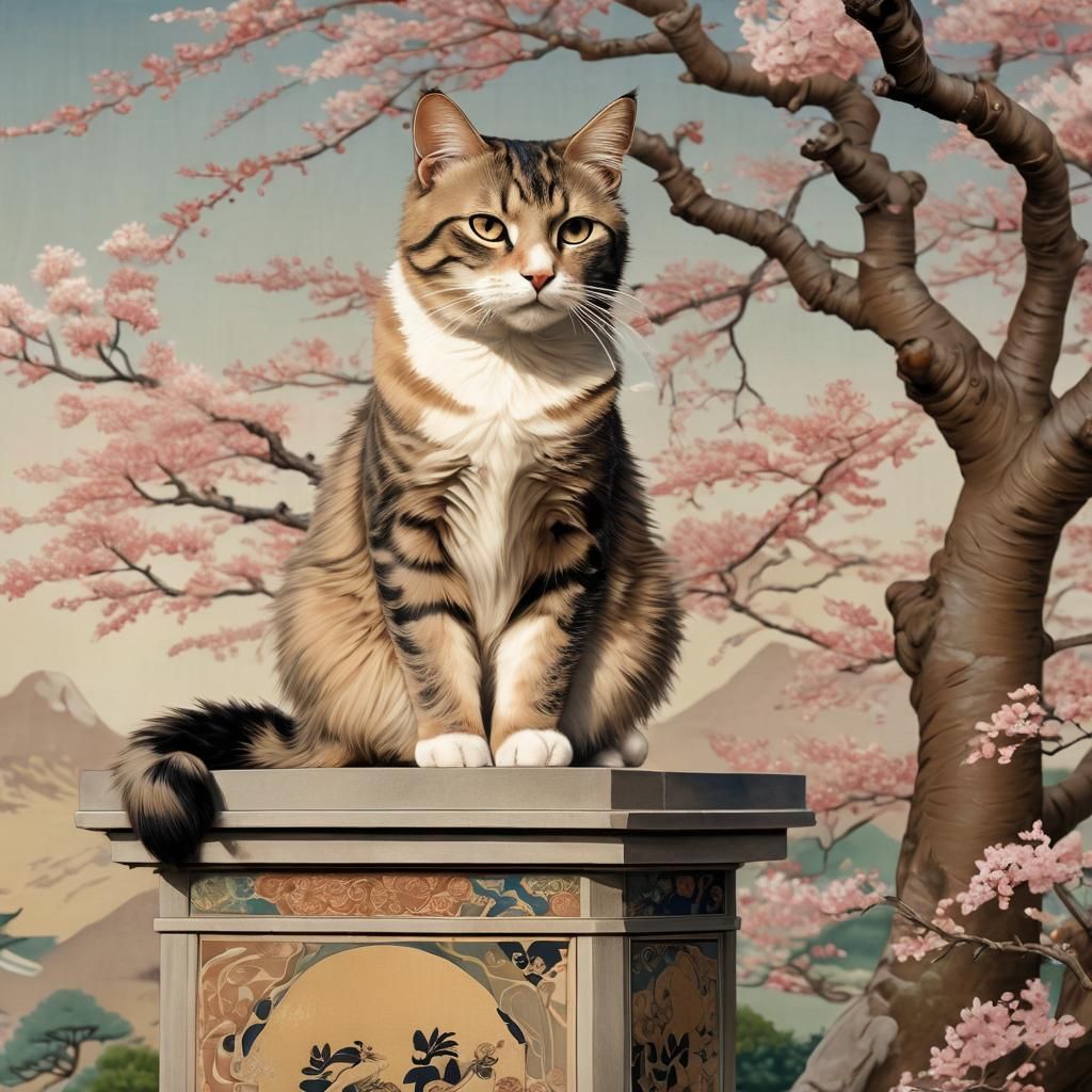 Regal Cat in Japanese Garden, Ukiyo-e Style