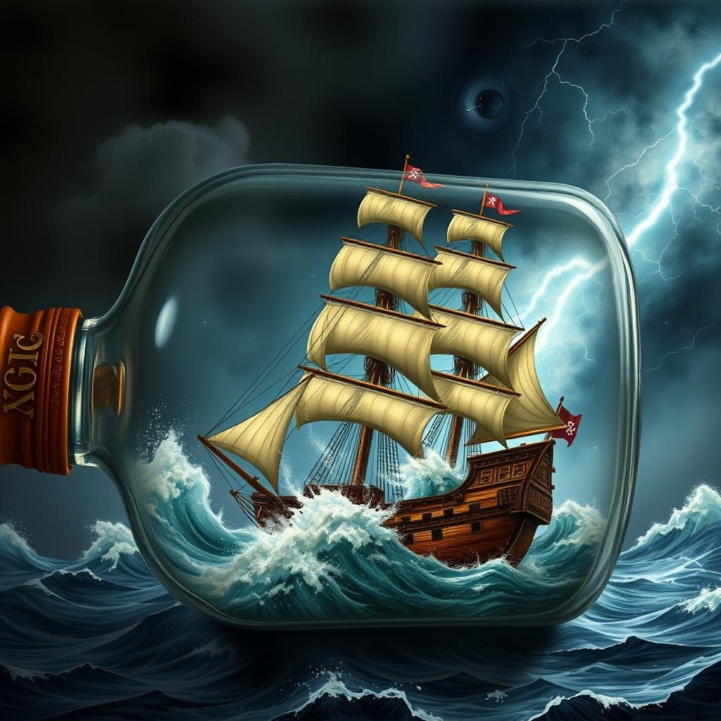 Majestic Pirate Ship in Surreal Stormy Glass Bottle