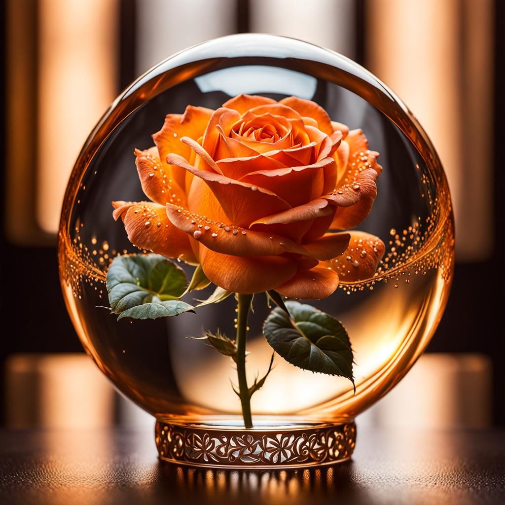 Orange Rose in Glass Orb: Photorealistic Macro