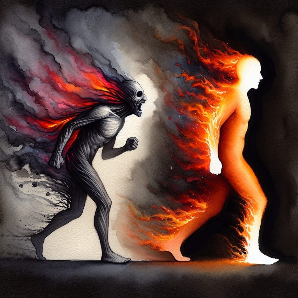 Watercolor Painting of Figures with Flaming Spirits